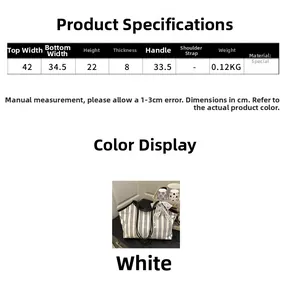 Size chart and dimensions for the large capacity canvas tote bag with lace bow detail
