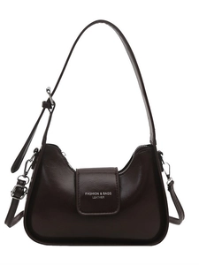 Chic dark brown hobo shoulder bag in glossy PU leather with wide strap and silver hardware