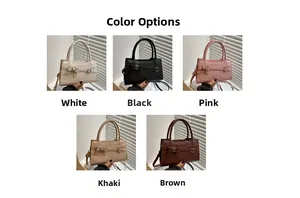 Close-up of stylish rectangular handbags with bow details and metal buckles in five colors