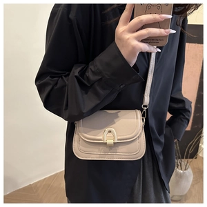 Detail of beige square crossbody bag featuring a distinctive gold horseshoe metal buckle