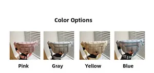 Detail view of colorful striped canvas belt bags in pink, gray, yellow, and blue options