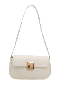 Minimalist off-white rectangular shoulder bag with elegant gold square metal buckle