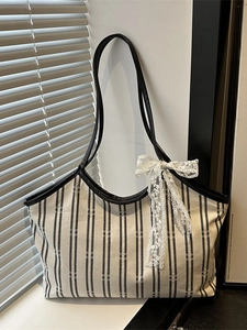 Women Striped Canvas Tote Bag Large Capacity With Lace Bow Ribbon Shoulder Handbag Casual Commuter Black And White Chic