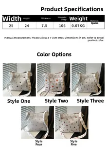 Size chart showing dimensions and various cartoon patterns for the aesthetic tote bag