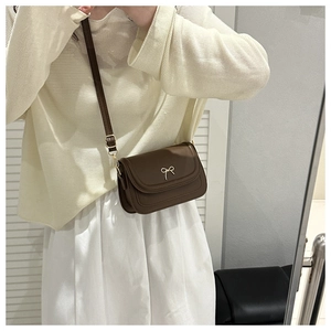 Brown crossbody mini bag with golden bow buckle on a flap cover for daily casual wear