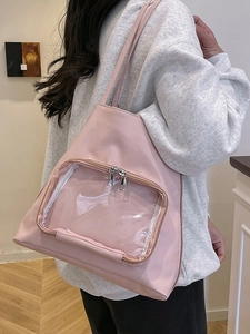 Borsa tote rosa minimalista di grande capacità con finestra trasparente per uso quotidiano