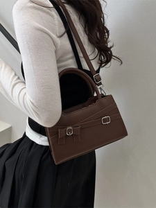 Retro coffee brown small square tote bag with leather bow decoration and shoulder strap