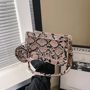 Snakeskin Print Synthetic Leather Shoulder Bag With Transparent Window Round Coin Purse Knotted Handle Vintage Handbag For Women