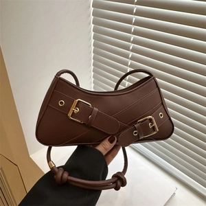 Sac Sous le Bras Rétro en Cuir PU pour Femme Sac à Épaule Demi-Lune Avec Décor de Double Boucle et Bandoulière Nouée