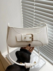 Women PU Leather Underarm Baguette Bag With Gold Buckle Knotted Strap Korean Minimalist Shoulder Bag