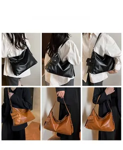Collage of chic minimalist large tote bag in black and brown worn in different styles
