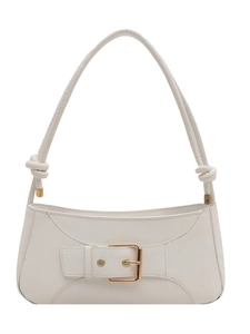 White textured leather underarm bag with gold metal buckle and knotted strap detail