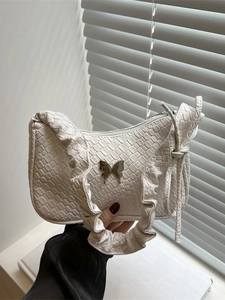French Niche Pleated Underarm Bag For Women Fashion PU Leather Woven Crocodile Pattern Shoulder Bag With Metal Butterfly Decor