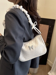 French design white ruched underarm bag with silver butterfly and pleated strap
