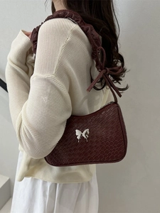 French style brown crocodile pattern shoulder bag with silver butterfly and pleated strap