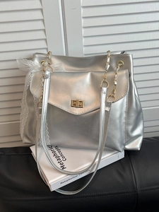 Sac Fourre-tout de Mode en Cuir PU pour Femmes Avec Nœud en Dentelle Grande Capacité Sac à Bandoulière Argent Noir Rose