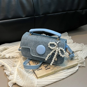 Petit Sac À Bandoulière En Similicuir PU Texture Denim Avec Pendentif Noeud En Künstliche Perles Mini Sac Carré Vintage Pour Femmes