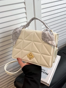 Women Quilted Handbag PU Leather Small Square Crossbody Bag With Scarf Wrapped Handle And Metallic Lock Stylish