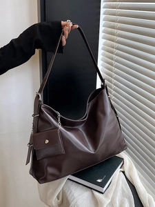 Women Large Capacity Tote Bag PU Leather Minimalist Hobo Shoulder Bag With Mini Pouch Chain Commute Retro
