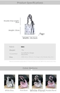 Infographic showing floral ruffle tote bag dimensions, nylon material, and 4 color variants