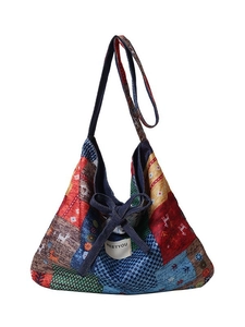 Retro ethnic style patchwork crossbody bag with colorful embroidery and denim fabric