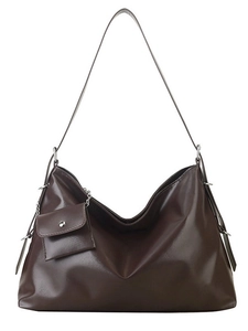 Large dark brown faux leather tote bag with shoulder strap and detachable coin purse