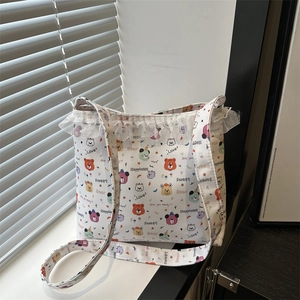 Cute Cartoon Bear Print Canvas Crossbody Bag For Women With Lace Trim Ruffle Japanese Kawaii Shoulder Tote Bag