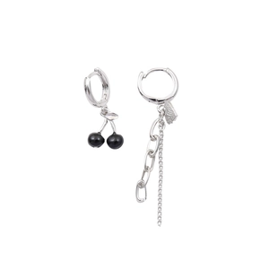 Asymmetric cherry and chain tassel earrings in silver finish for a trendy minimalist look