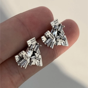 Unique S925 silver irregular heart studs with sparkling zircons and industrial engraving