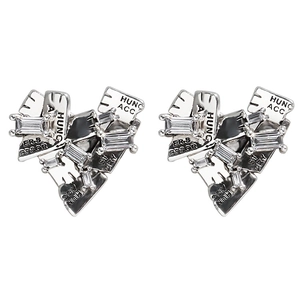 Unique S925 silver heart stud earrings with cubic zirconia and engraved industrial texture