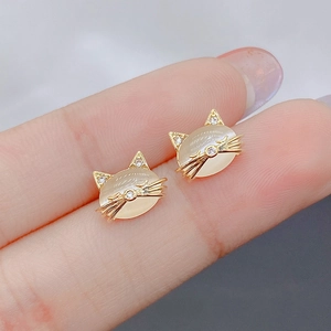 Cute Cat Head Stud Earrings Copper Gold Plated With Cat Eye Stone And Cubic Zirconia Dainty Animal Jewelry For Women