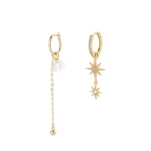 Asymmetric S925 gold earrings with hexagram zircon star and long tassel glass beads