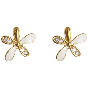 Elegant gold-plated flower stud earrings with white enamel and sparkling zircon accents