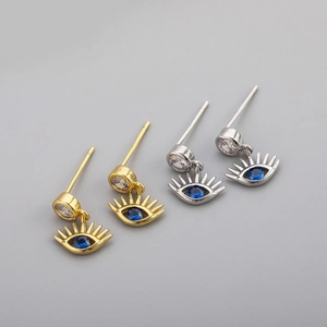 Boucles d'oreilles œil porte-bonheur en argent S925 et zircon bleu, or et argent