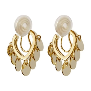 Eleganti orecchini a clip con paillettes dorate, design a U e cuscinetti bianchi