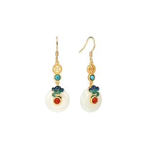 Classic Chinese style earrings with jade pingan buckle and gold cloud motifs