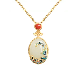 Traditional S925 silver gold-plated necklace with white jade pendant and blue enamel inlay