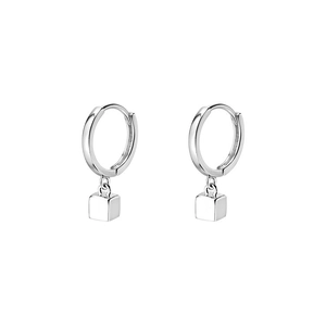 Minimalist S925 silver geometric square hoop earrings with hanging cube charms