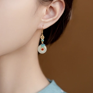 Chinese Style Jewelry With Enamel Cloud Faux Jade Pingan Buckle Copper Earrings Necklace Bracelet Retro Ethnic Accessory