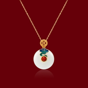 Classic Chinese style enamel gold necklace with white jade Ping'an buckle and cloud pattern