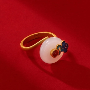 Classic S925 silver ring with white jade, auspicious cloud motifs and matte gold finish