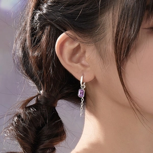 Boucles D'oreilles Pendantes Asymétriques Cœur Et Pierre Violette Rectangulaire Chaîne Gland Cuivre Argenté Pour Femmes