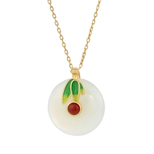Elegant lotus Hetian jade necklace with green enamel leaf and red bead on gold chain