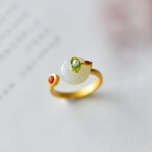 Elegant Chinese lotus Hetian jade open ring with green enamel and pearl details