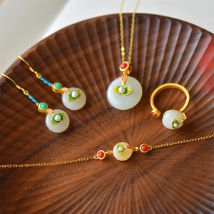 Necklace Earrings Open Ring Bracelet Copper Gold Plated Enamel White Jade Style Lotus Vintage Chinese Elegance Women