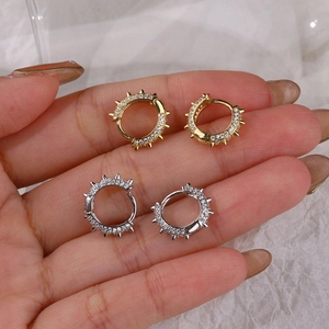 S925 silver rivet hoop earrings with CZ diamonds in gold and silver punk style