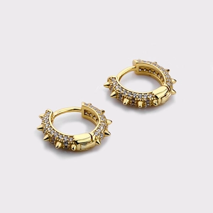 Punk style gold plated rivet hoop earrings with double row cubic zirconia crystals
