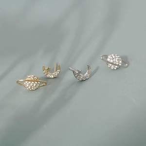 Asymmetric S925 silver moon and planet stud earrings with sparkling cubic zirconia