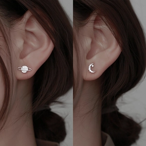 Asymmetric Stud Earrings Celestial Moon Planet Star Copper With Zircon Gold Silver Color Dainty Jewelry For Women