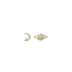 S925 silver asymmetric moon and planet stud earrings featuring sparkling cubic zirconia